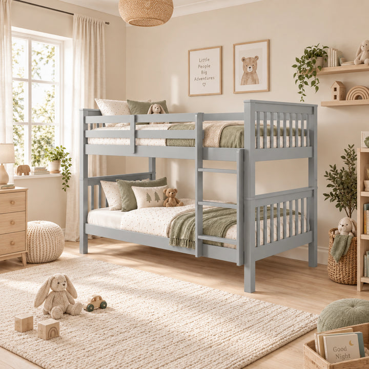 [Light Grey] Wide room view of bunk bed with right-side ladder, upper rails and lower bunk