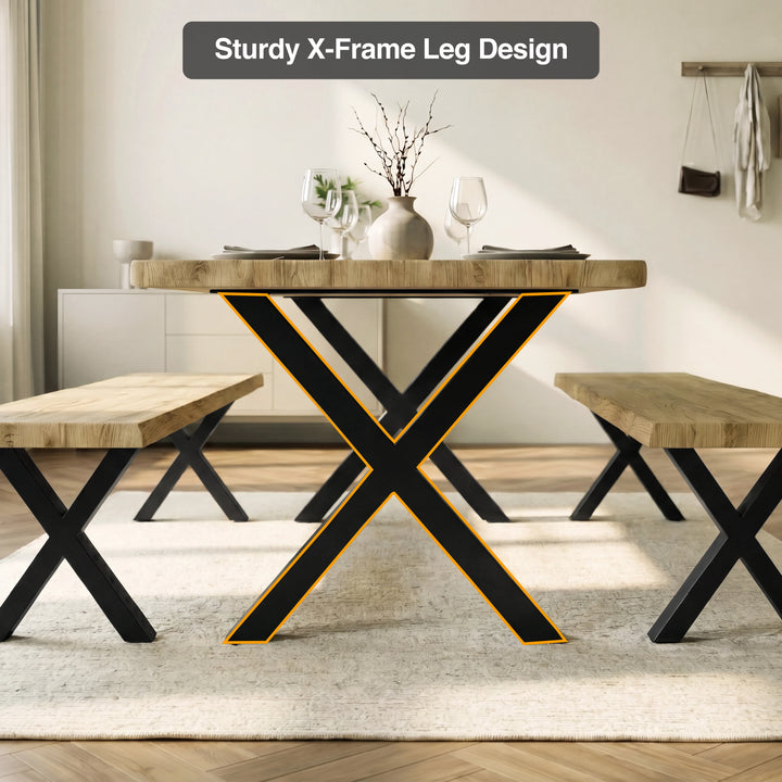 [Light Oak] Crosswick Industrial 6 Seater Dining Table with Benches close-up showcasing the black metal sturdy X-frame leg design beneath a thick wooden tabletop placed on a textured white rug.