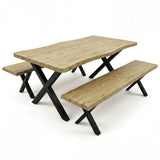 [Light Oak] Crosswick Industrial 6 Seater Dining Table with Benches studio shot over a white background showcasing the complete dining set including the large wooden table and two matching benches.