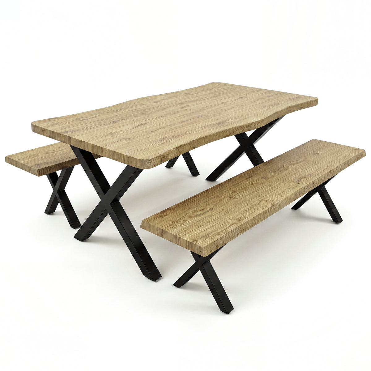 [Light Oak] Crosswick Industrial 6 Seater Dining Table with Benches studio shot over a white background showcasing the complete dining set including the large wooden table and two matching benches.