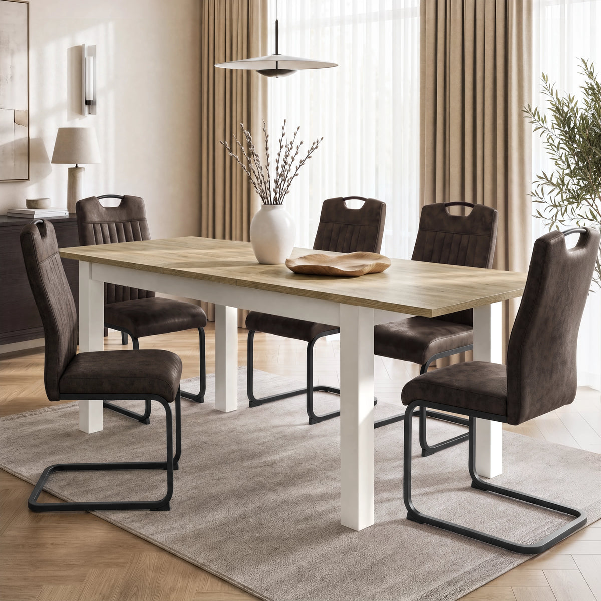 [140cm | Light Oak] Dining table extended to 180cm with light-oak wood-effect top, 40cm centre leaf, black frame and square legs