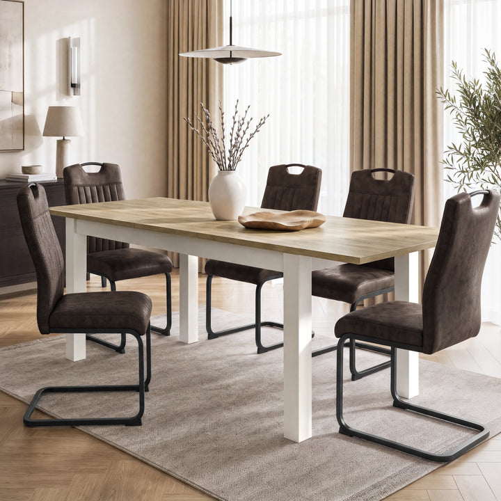 [140cm | Light Oak] Dining table extended to 180cm with light-oak wood-effect top, 40cm centre leaf, black frame and square legs