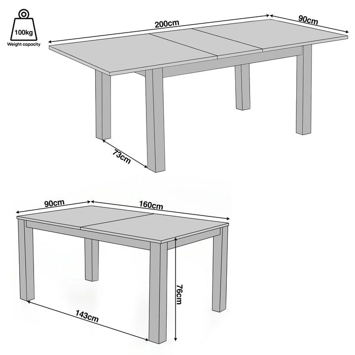 [160cm | Light Oak] Hartley table size guide: 160-200 x 90 x 76cm, 73cm clearance, 143cm leg space and 100kg load capacity.