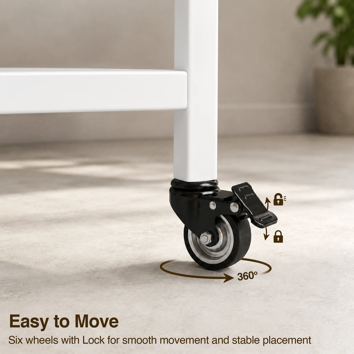 [Light Oak] Kitchen & Dining Furniture Sets caster wheel close-up with brake lever, lock icons, and 360 degree arrow.