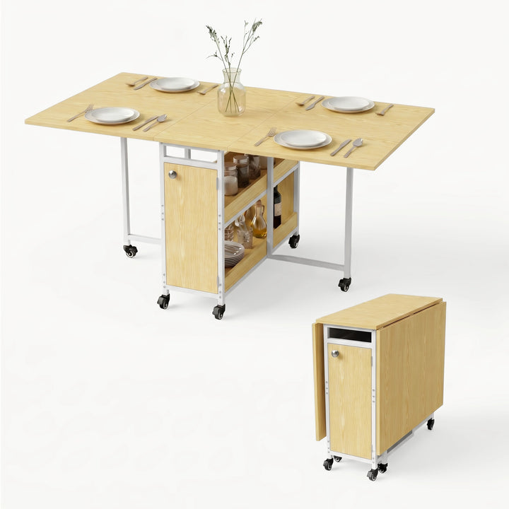 [Light Oak] Kitchen & Dining Furniture Sets open and closed table views on a white background with wheels and storage.