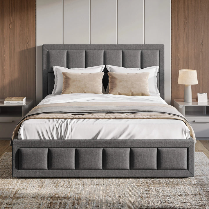 [Double | Dark Grey] Linen ottoman bed with grid-panel headboard dressed in cream pillows and sand throw