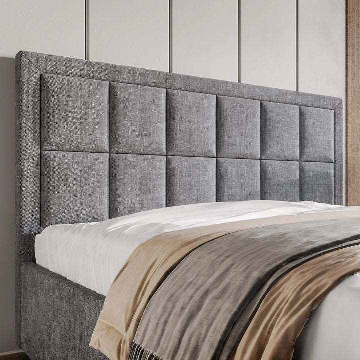 [Double | Grey] Detail of linen storage bed grid headboard, vertical stitch channels dividing plush squares