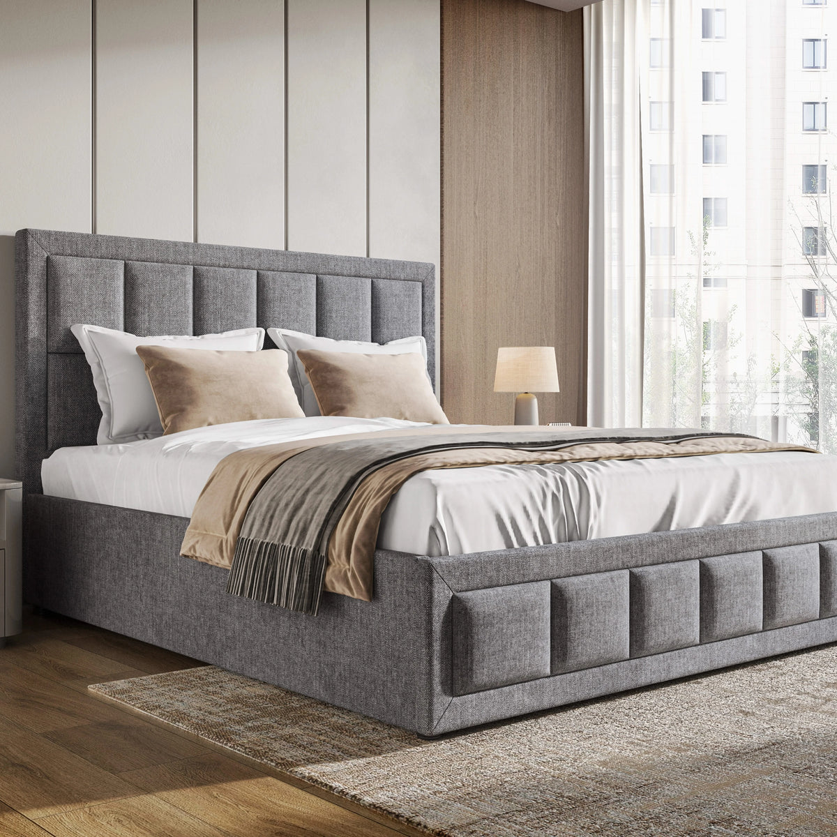 [Double | Grey] Three-quarter view of linen ottoman bed, tall grid headboard rising above dressed mattress