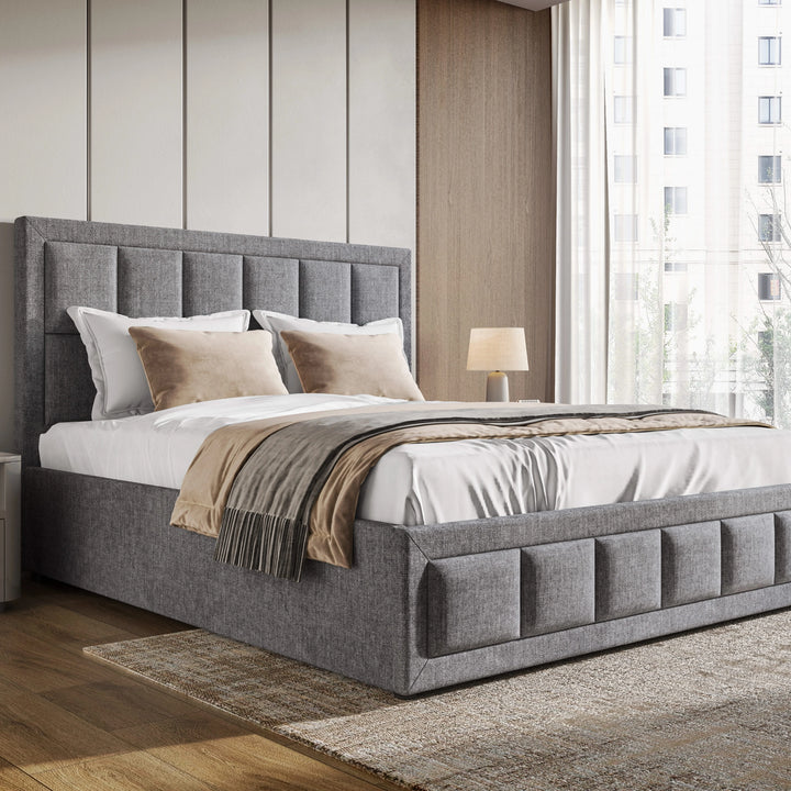 [Double | Grey] Three-quarter view of linen ottoman bed, tall grid headboard rising above dressed mattress