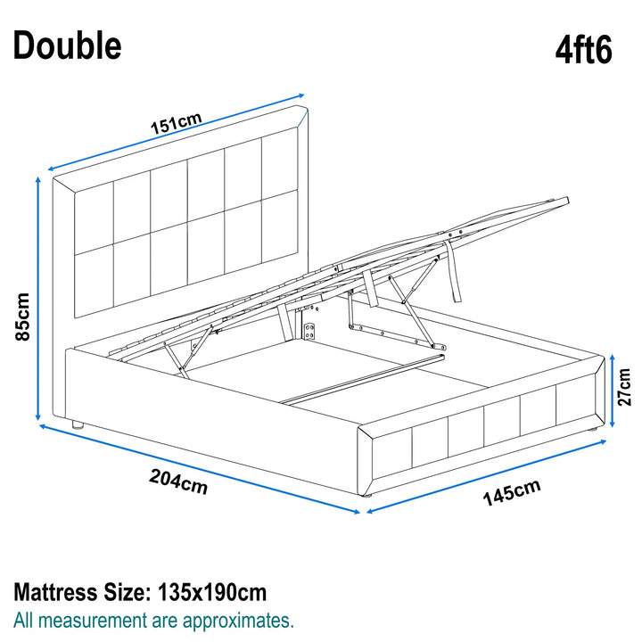 [Double | Grey] Linen ottoman bed dimensions diagram: 204cm length, 145cm width, 85cm height and 151cm headboard width, 27cm base