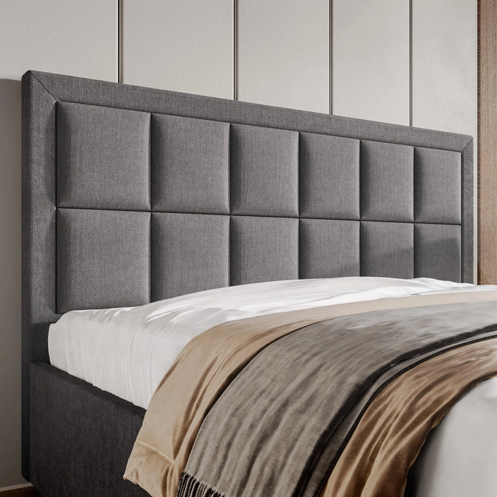 [King | Dark Grey] King Linen ottoman bed headboard detail showing square-grid tufted panels in linen fabric