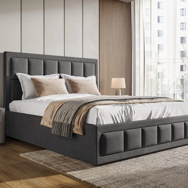 [King | Dark Grey] Linen ottoman bed King angled view with padded square-grid headboard and panelled base rail