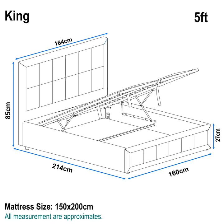 [King | Grey] Linen ottoman bed king dimensions diagram: 214cm long, 160cm wide, 85cm headboard height and 164 cm width, 27cm storage