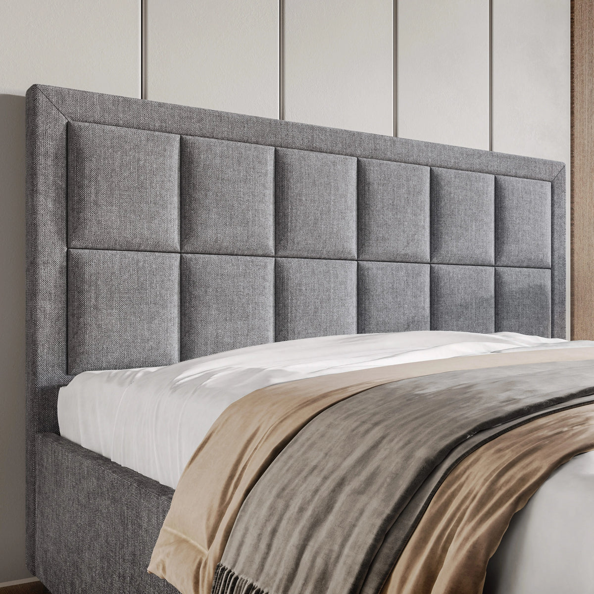 [King | Grey] Grid-panel headboard detail on Linen ottoman bed in woven linen-look fabric