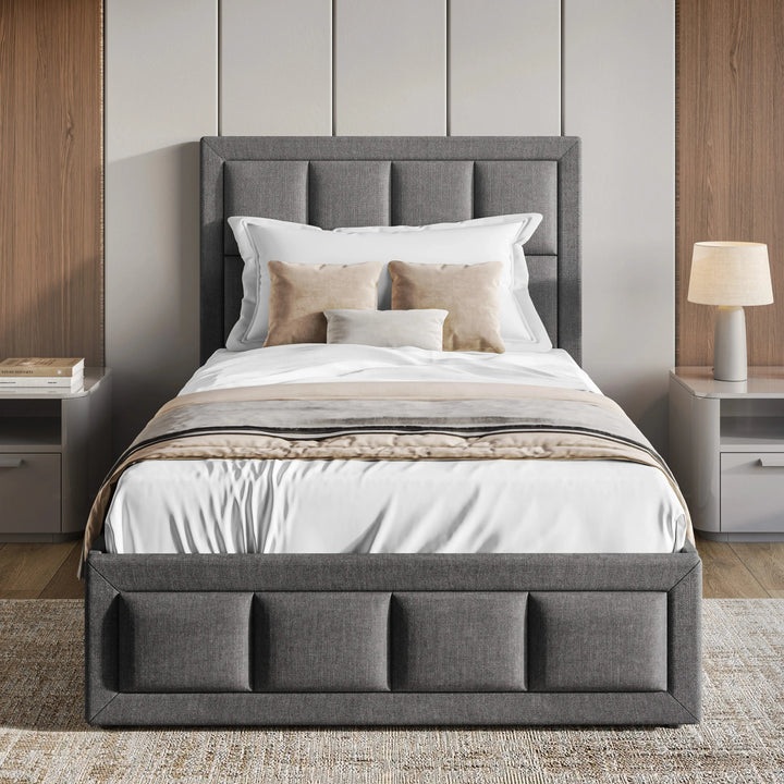 [Single | Dark Grey] Front view of linen ottoman bed single, square-stitched headboard above channel-panelled foot rail