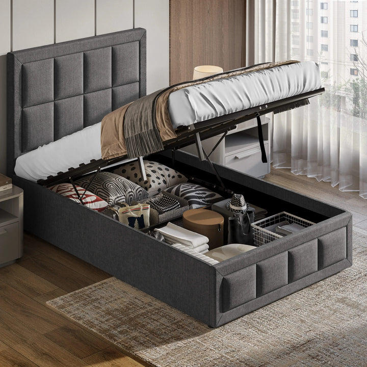 [Single | Dark Grey] Linen ottoman bed, slatted platform lifted on hydraulic pistons exposing full-length storage