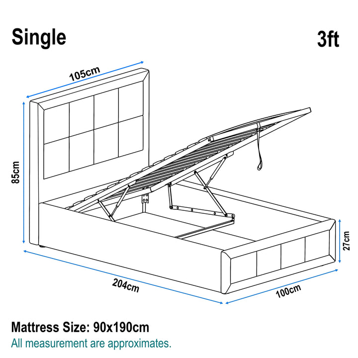 [Single | Grey] Linen ottoman bed single dimensions: 204 x 100 x 85 cm, 27 cm storage depth