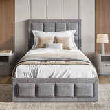 [Single | Grey] Linen ottoman bed front-on with beige pillows, accent cushion and taupe runner across mattress