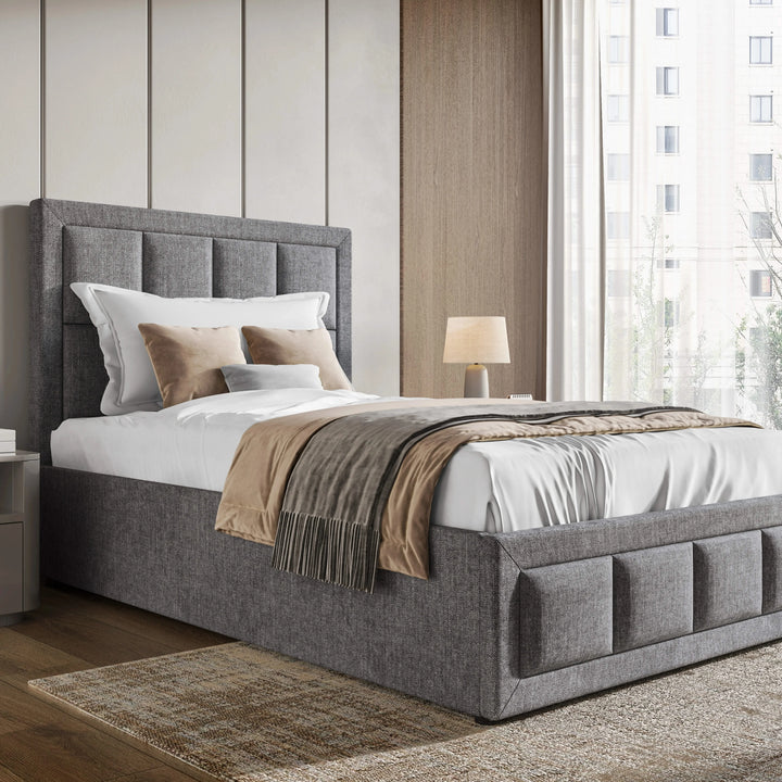 [Single | Grey] Linen ottoman bed from the side, grid-panel headboard and channel-panel base on show