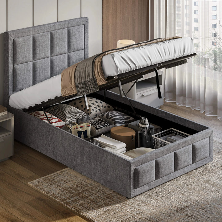 [Single | Grey] Linen ottoman storage bed lifted, internal cavity holds folded textiles and household items