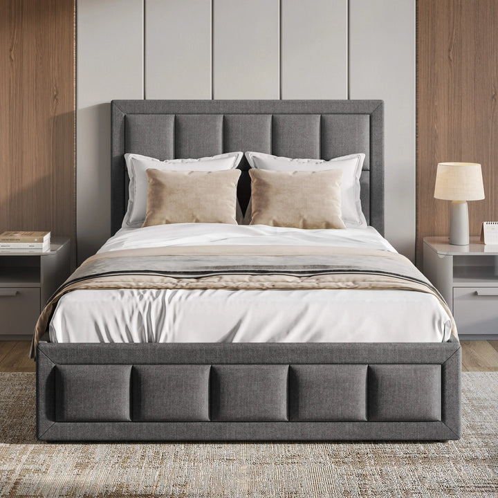 [Small Double | Dark Grey] Front view of small double linen ottoman bed frame with grid headboard and layered bedding
