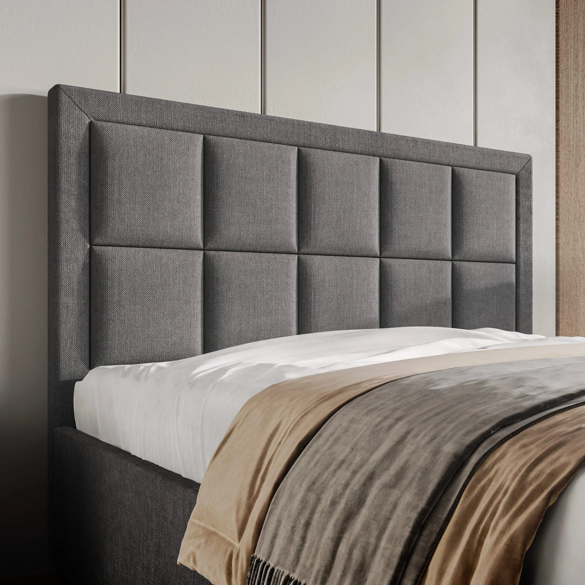 [Small Double | Dark Grey] Close-up of linen ottoman bed headboard showing grid-panel upholstery with channel stitching