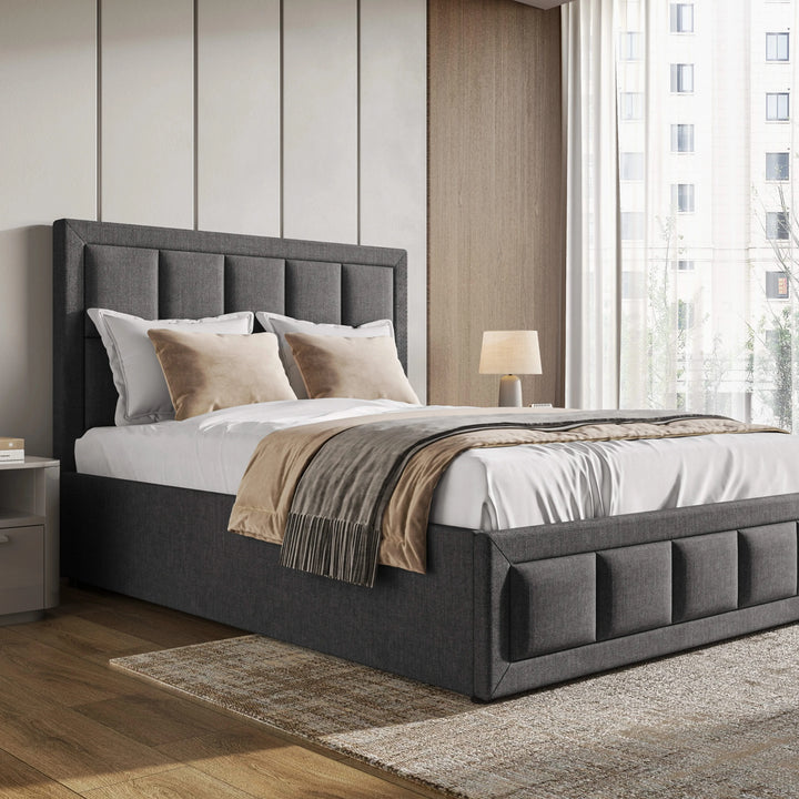 [Small Double | Dark Grey] Side view of ottoman bed frame showing channel-panelled base and grid headboard with bedding