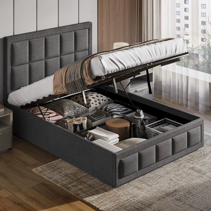 [Small Double | Dark Grey] Gas-lift mechanism raised on small double bed frame exposing full under-bed storage area