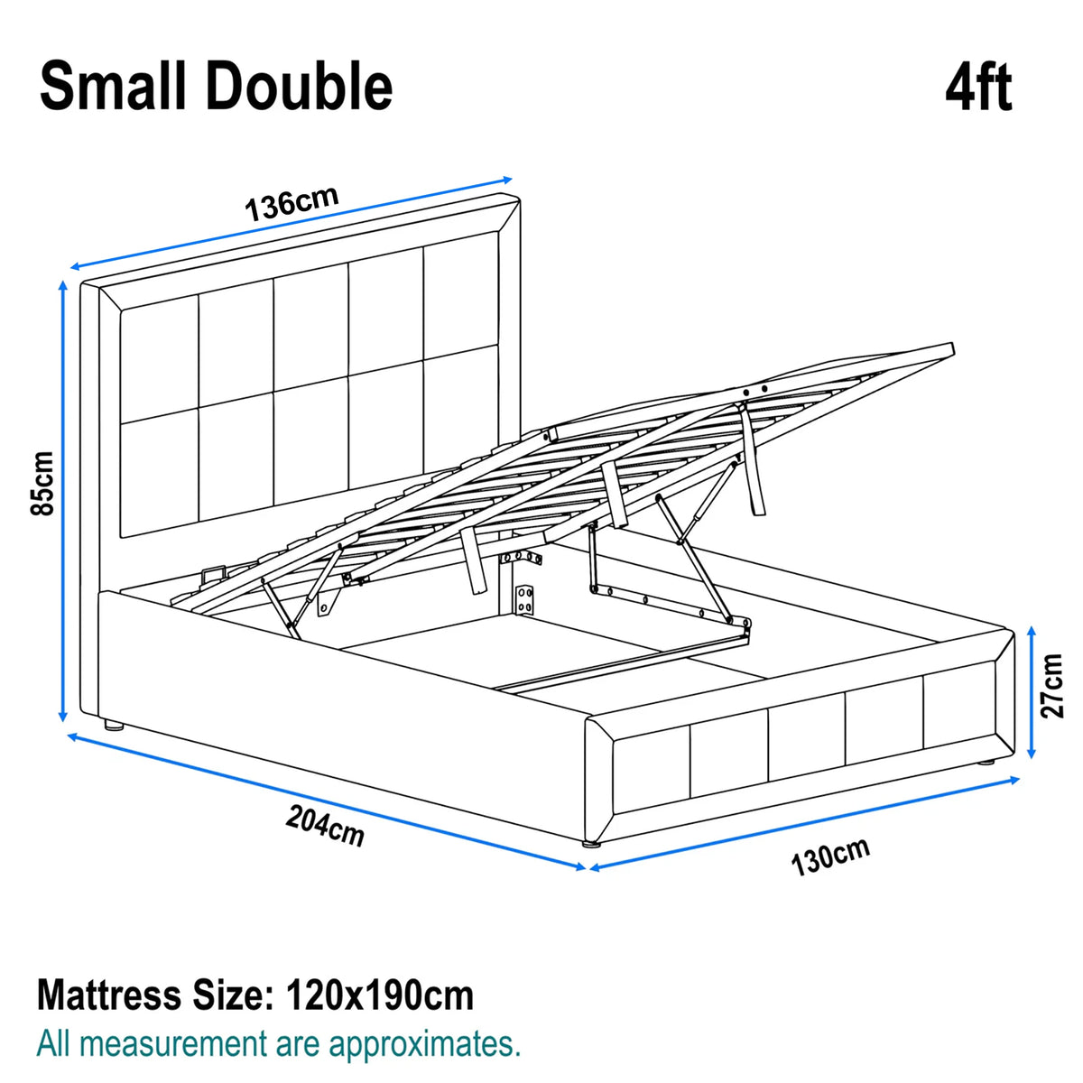 [Small Double | Grey] Dimensions guide illustrating 4ft bed frame at 130cm wide by 204cm long with 85cm high headboard