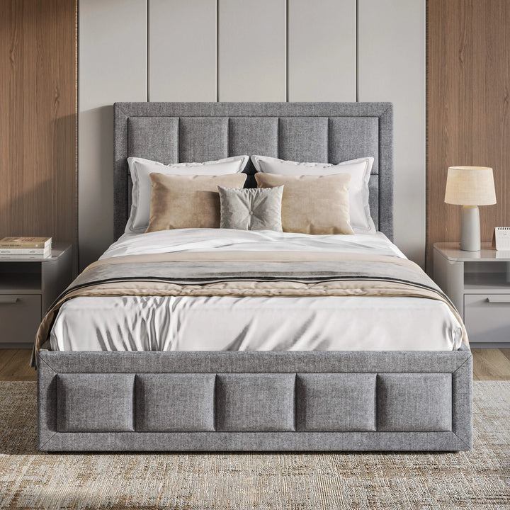 [Small Double | Grey] Linen ottoman bed front-on with three pillows, dark accent cushion and beige runner across bed