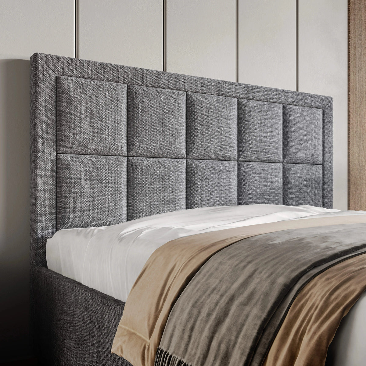 [Small Double | Grey] Detailed view of the padded headboard in textured linen showing square-panelled upholstery pattern