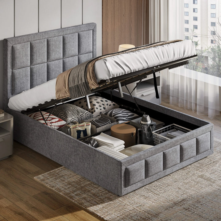 [Small Double | Grey] Ottoman bed with gas-lift base raised revealing stored items in the under-bed storage compartment