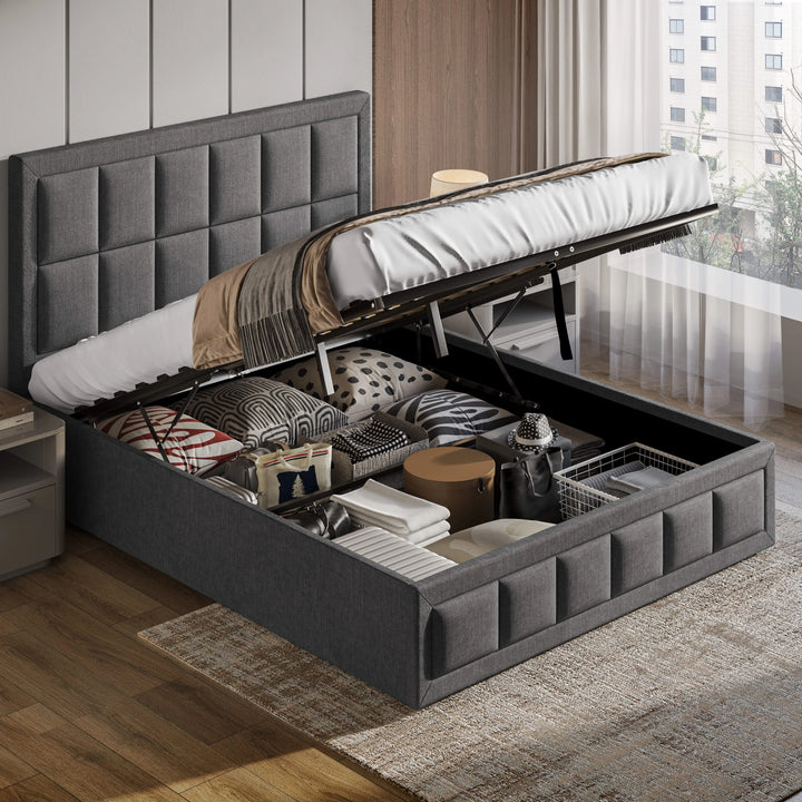 [Super King | Dark Grey] Super king dark grey ottoman bed open, struts hold mattress, base storage with textiles