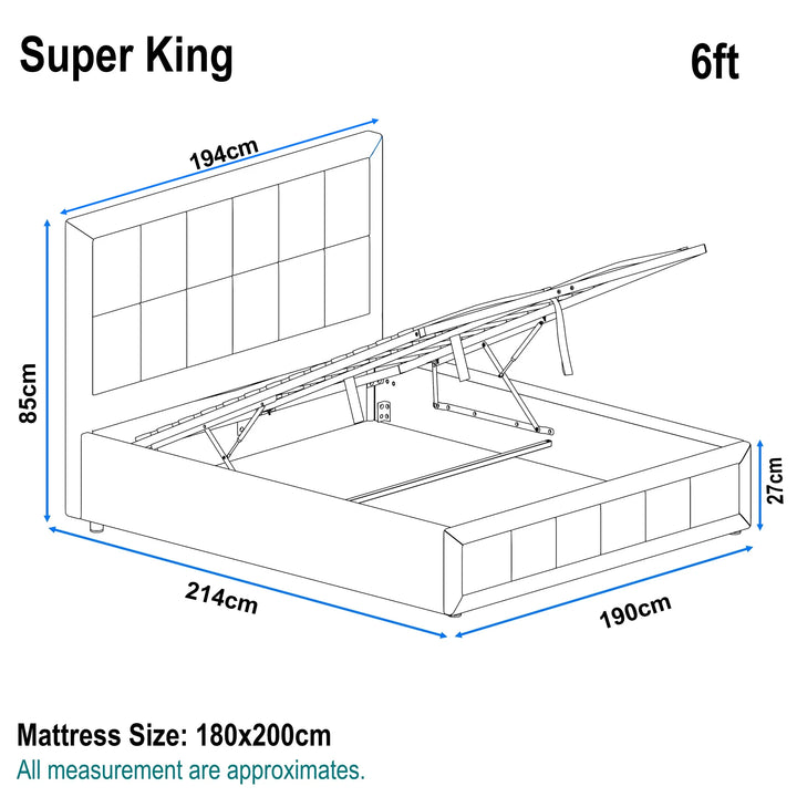 [Super King | Grey] Measurement drawing of super king ottoman bed with overall size 190x214cm and mattress area 180x200cm