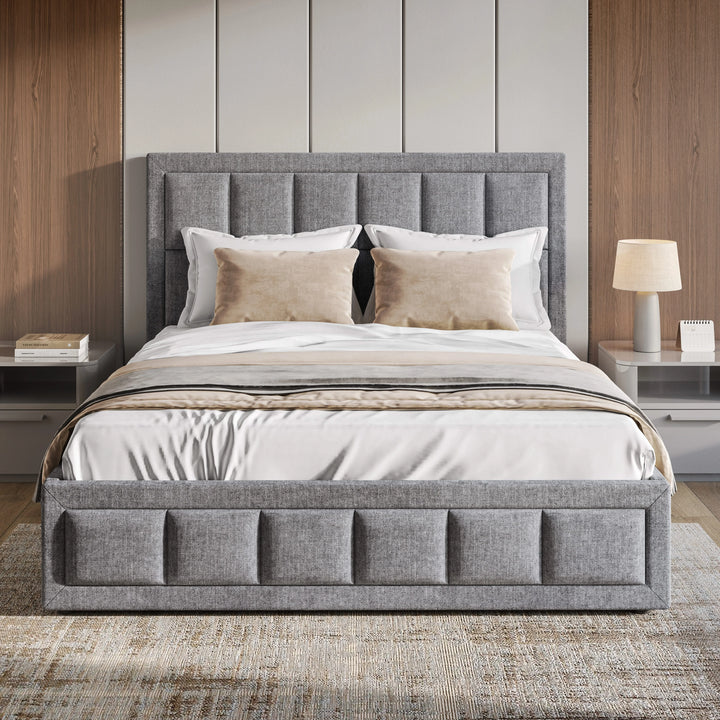 [Super King | Grey] Front-facing view of super king linen ottoman bed frame with grid headboard and layered bedding