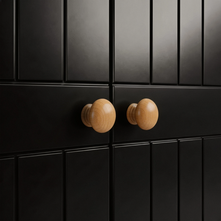 [Black] Close-up of black brass round knob on Linra wardrobe drawer front showing grooved panel below