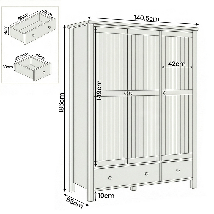 [Black] Linra wardrobe dimensions: 140.5 x 55 x 188 cm with internal hanging 146.5 cm and drawer 60 x 36 x 14cm
