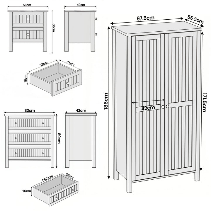 [Black] Linra bedroom furniture set dimensions: wardrobe 97.5x55.5x186cm, chest 83x42x80cm, bedside 50x40x60cm
