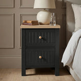 [Black] Linra bedroom furniture set bedside table, 2 grooved drawers with round knobs and oak veneer top