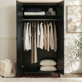 [Black] Linra bedroom furniture set wardrobe open showing clothes on rail plus shelf storage above and below
