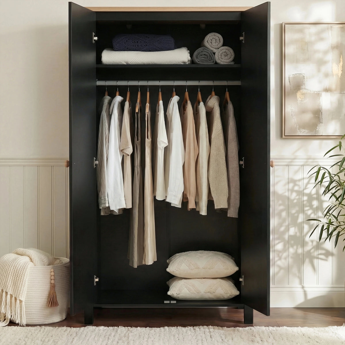 [Black] Linra bedroom furniture set wardrobe open showing clothes on rail plus shelf storage above and below