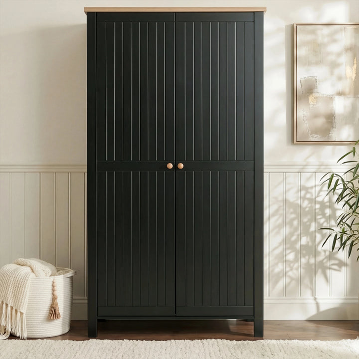 [Black] Linra bedroom furniture set 2-door wardrobe in black with round wood knobs and oak-finish top panel