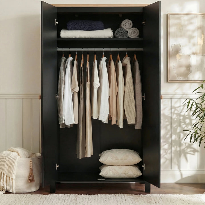 [Black] Linra bedroom furniture set wardrobe open showing top shelf, hanging rail and base storage in black
