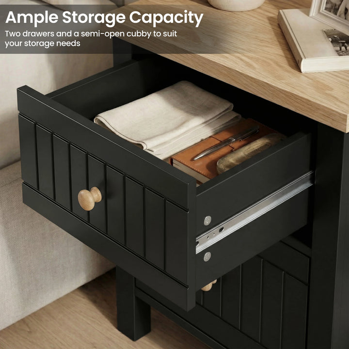 [Black] Linra bedroom furniture set bedside open, top drawer and lower cubby showing storage with grooved front