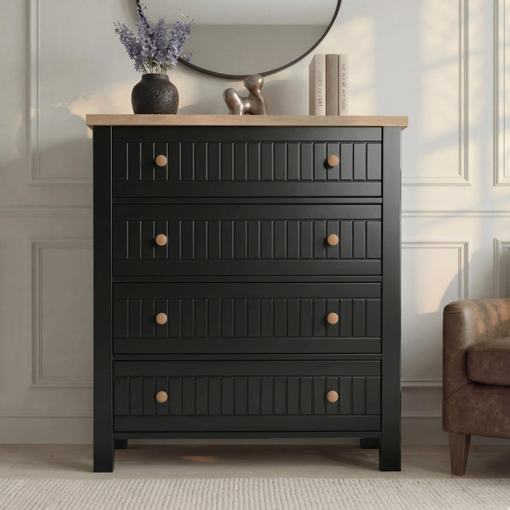 [Black] Linra bedroom furniture set 4-drawer chest, grooved panel drawer fronts, oak top and round painted knobs