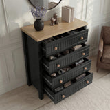 [Black] Linra bedroom furniture set chest of drawers pulled open, deep grooved drawers under an oak veneer top