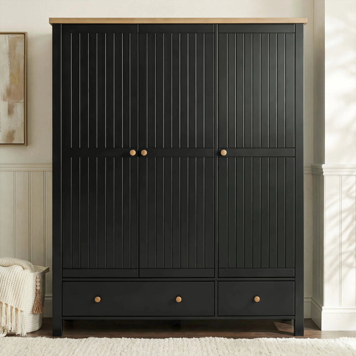 [Black] Linra bedroom furniture set wardrobe, grooved triple doors, oak top and two base drawers with round knobs