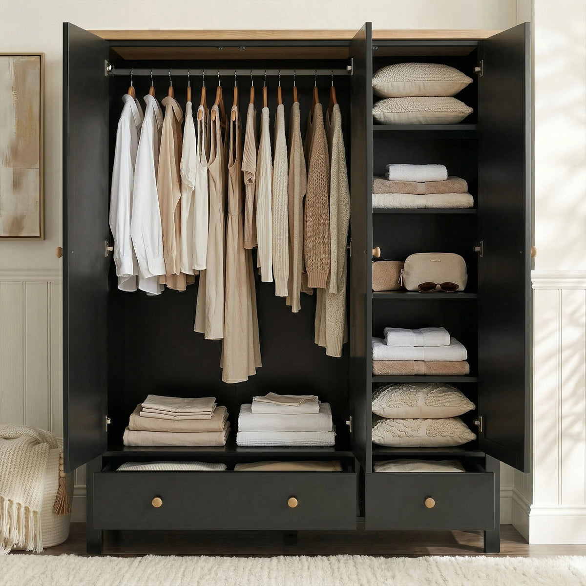 [Black] Linra bedroom furniture set wardrobe interior, hanging section, shelved side, two concealed drawers