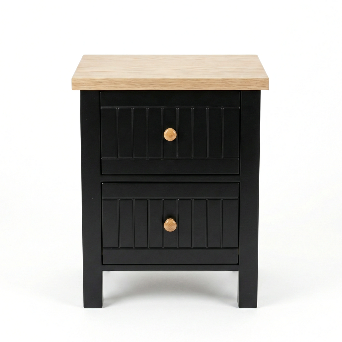 [Black] Studio front shot of the Linra bedside table with two grooved drawer fronts and round knob handles