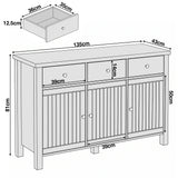 [Black] Linra sideboard dimensions diagram showing W135 x D43 x H81cm with drawer 39 x 14cm and door 39 x 50cm